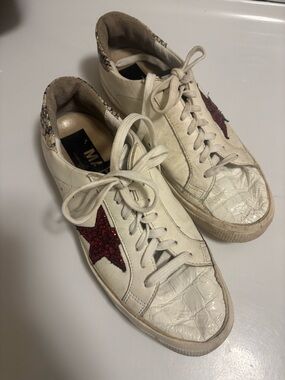 Golden Goose Women’s Off-White Leather Sneakers with Red Glitter Star